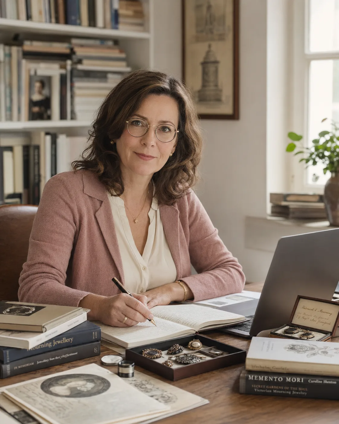 Dr. Helene Vasall in the archive, at a work table with historical pieces of jewellery.